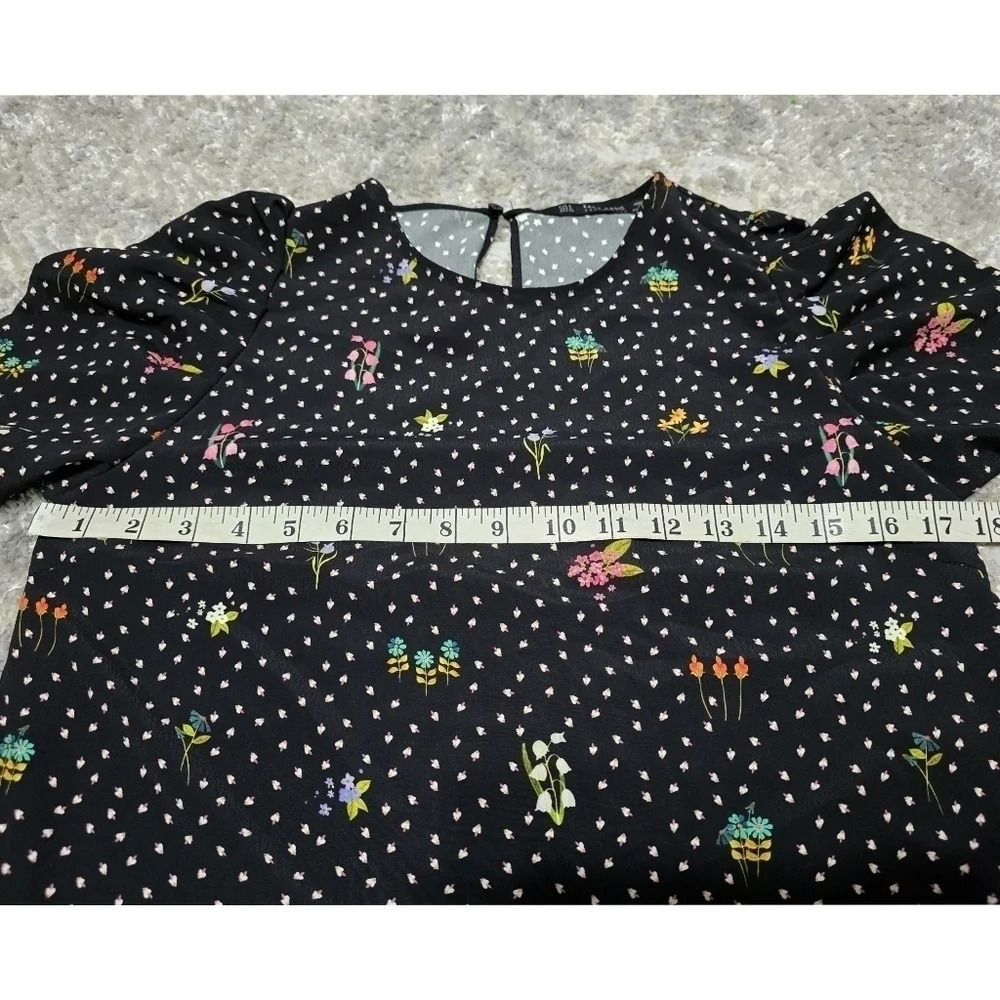 ZARA BASICS Short Sleeve Black Ditsy Floral Shift Dress with Pockets, Size S - Picture 13 of 15